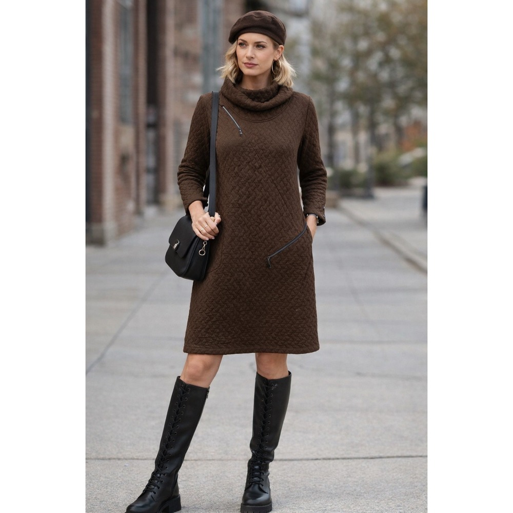 Dolcezza Cowl Neck Quilted Long Sleeve Dress Brown Zipper Pockets Mini Midi
